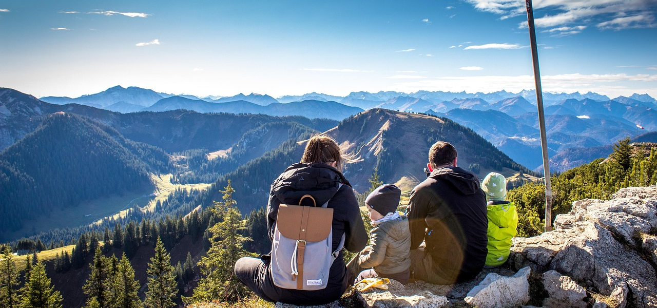 family, hike, travel, nature, alps, distant view, hochwald, fir trees, mountains, wallberg, summit, picnic, hiking area, recreation, leisure time, mood, bavaria